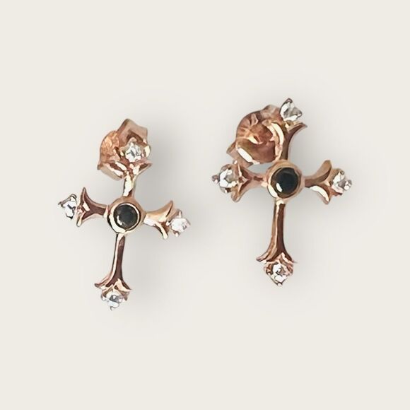 Rose gold plated Cross design earrings tiny clear CZ & black enamel - Picture 5 of 6